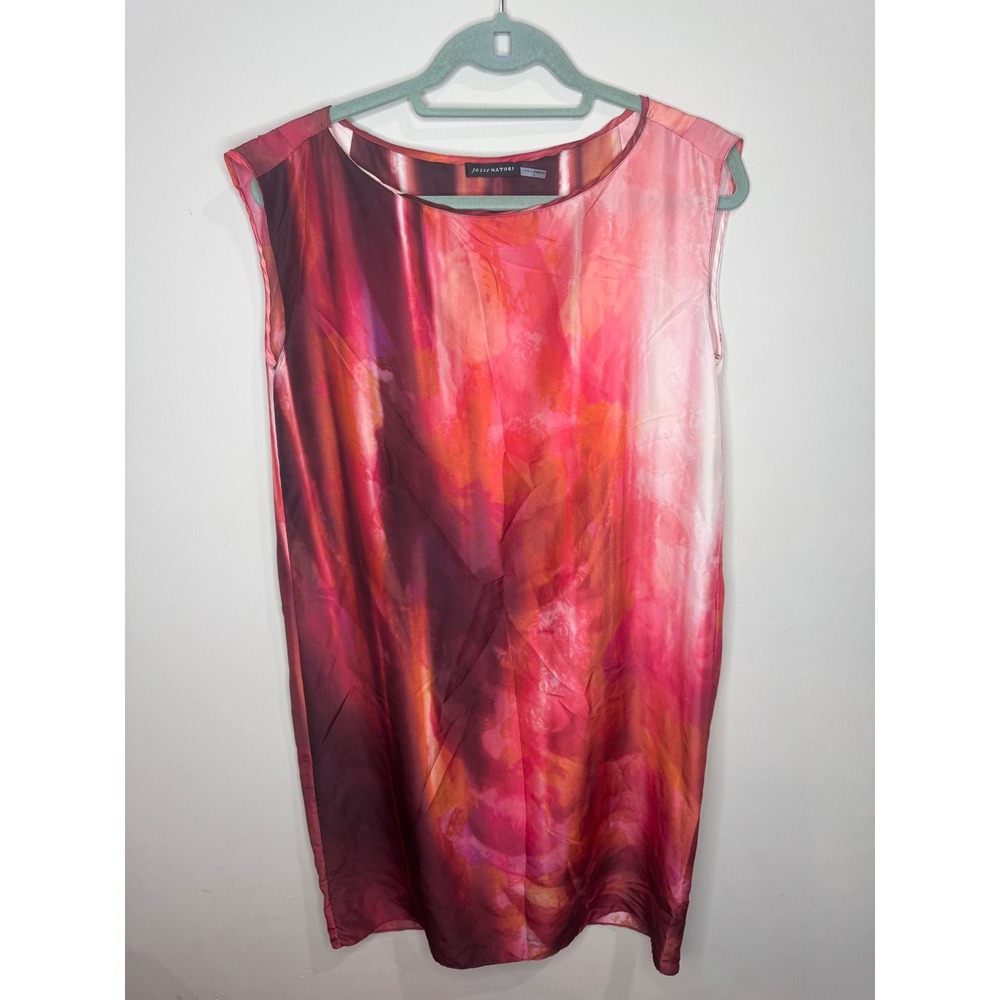 Josie Natori silk sleeveless shift dress slip pink orange watercolor print sz S